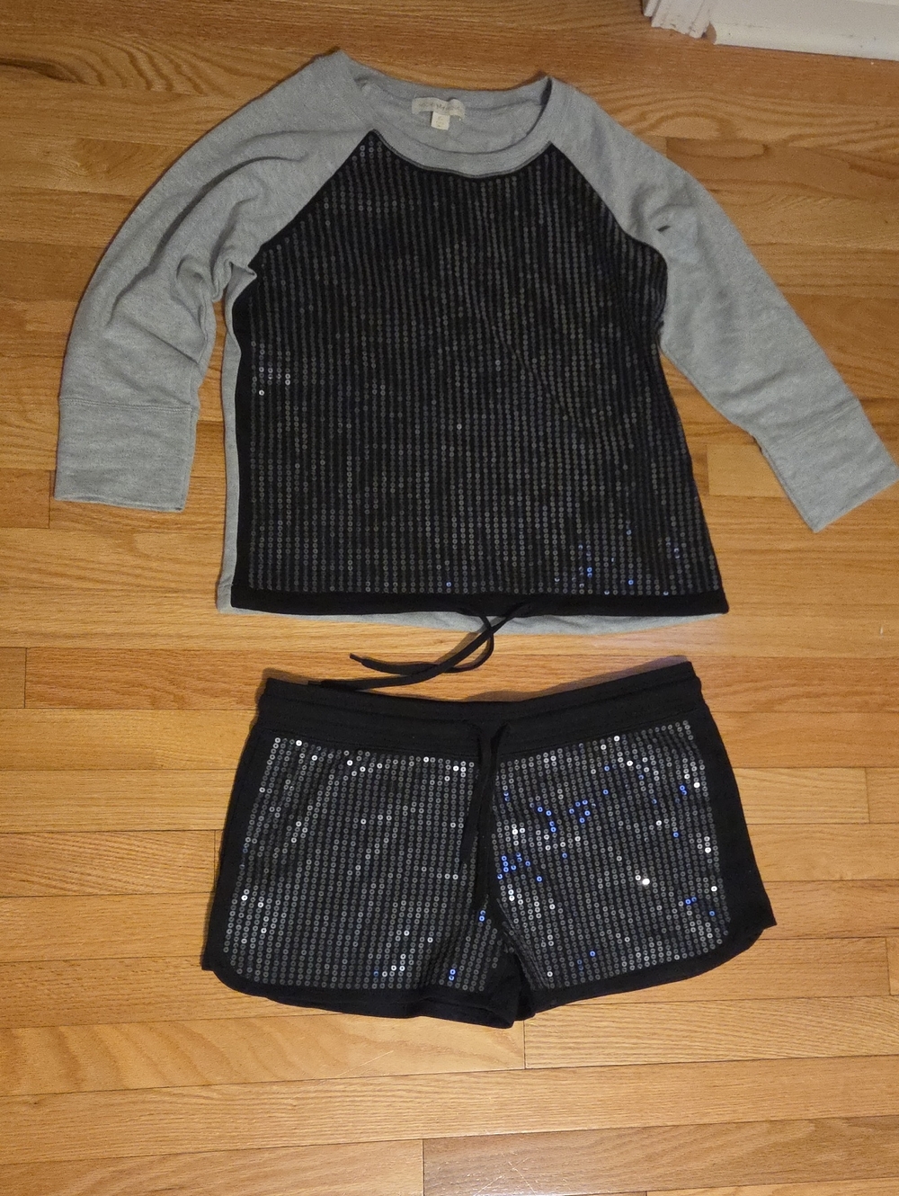 Nicki Minaj 2 Pc. Gray Sweatshirt with Black Sequin Trim & Black Sequin Shorts.